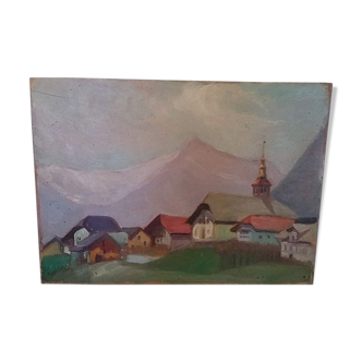 Tableau peinture huile sur panneau paysage de montagne