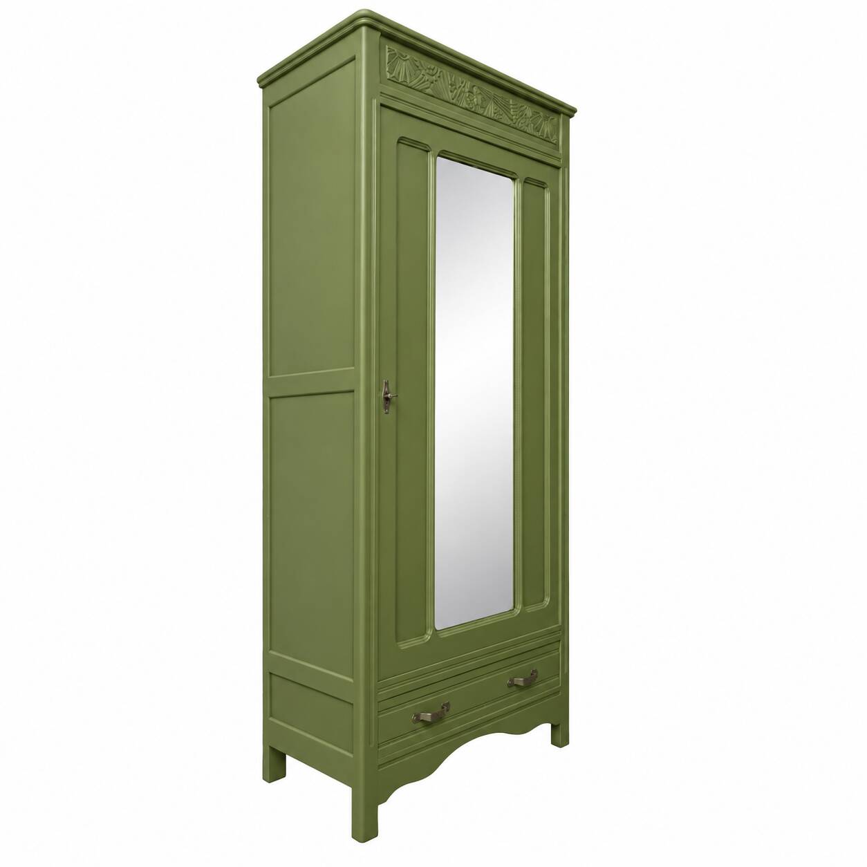 Renovated Art Deco Parisian wardrobe in khaki with original mirror.