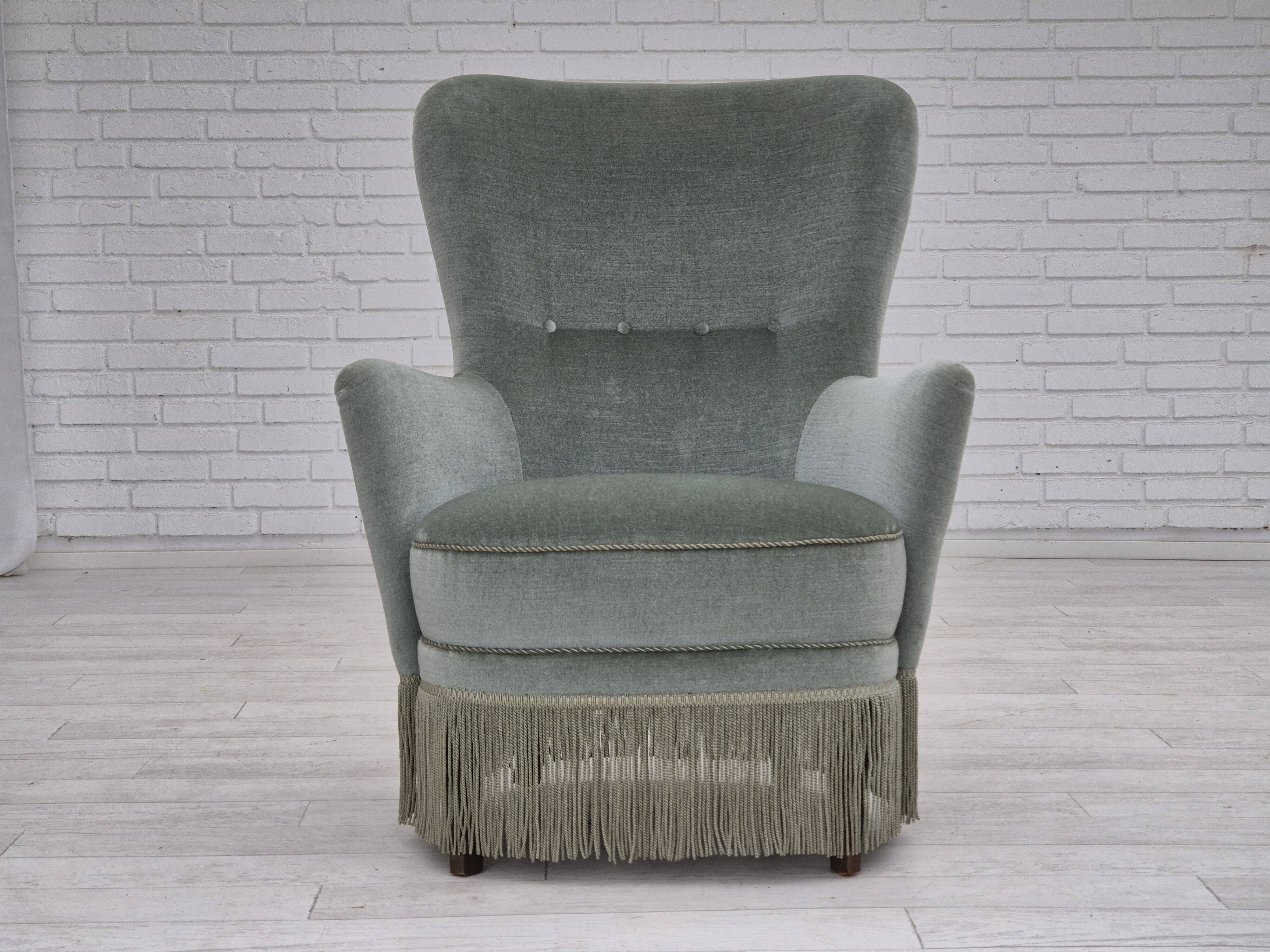 1970s, Danish armchair, original condition, furniture velour, beech wood legs.
