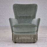 Fauteuil danois des années 1970, état d'origine, tissu d'ameublement velours, pieds en hêtre.