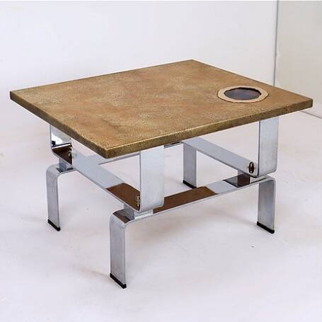 Acid-etched brass coffee table top by Christian Krekels with an agate stone