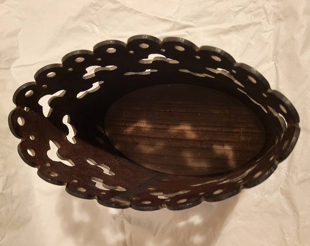 Vintage Magazine Rack Holder Waste Basket Cut Work Brown Leather Oval Shape