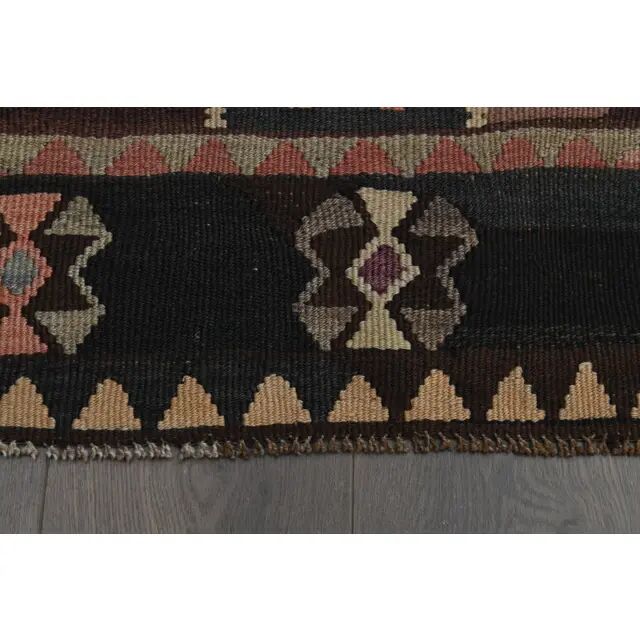 70's Brown Turkish Oushak Handmade Wool Geometric Motif Runner Rug 123x293