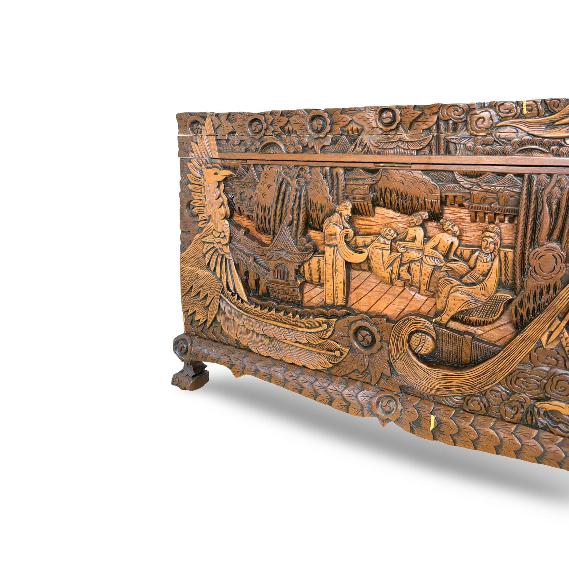 Antique Chinese Carved Export Chest – Dragon, Phoenix & Landscape Deco