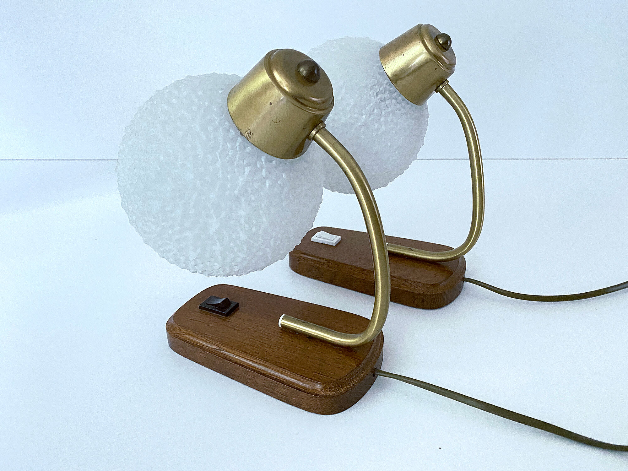Pair of Scandinavian Vintage Lamps, Wood, Brass and Glass, 60s