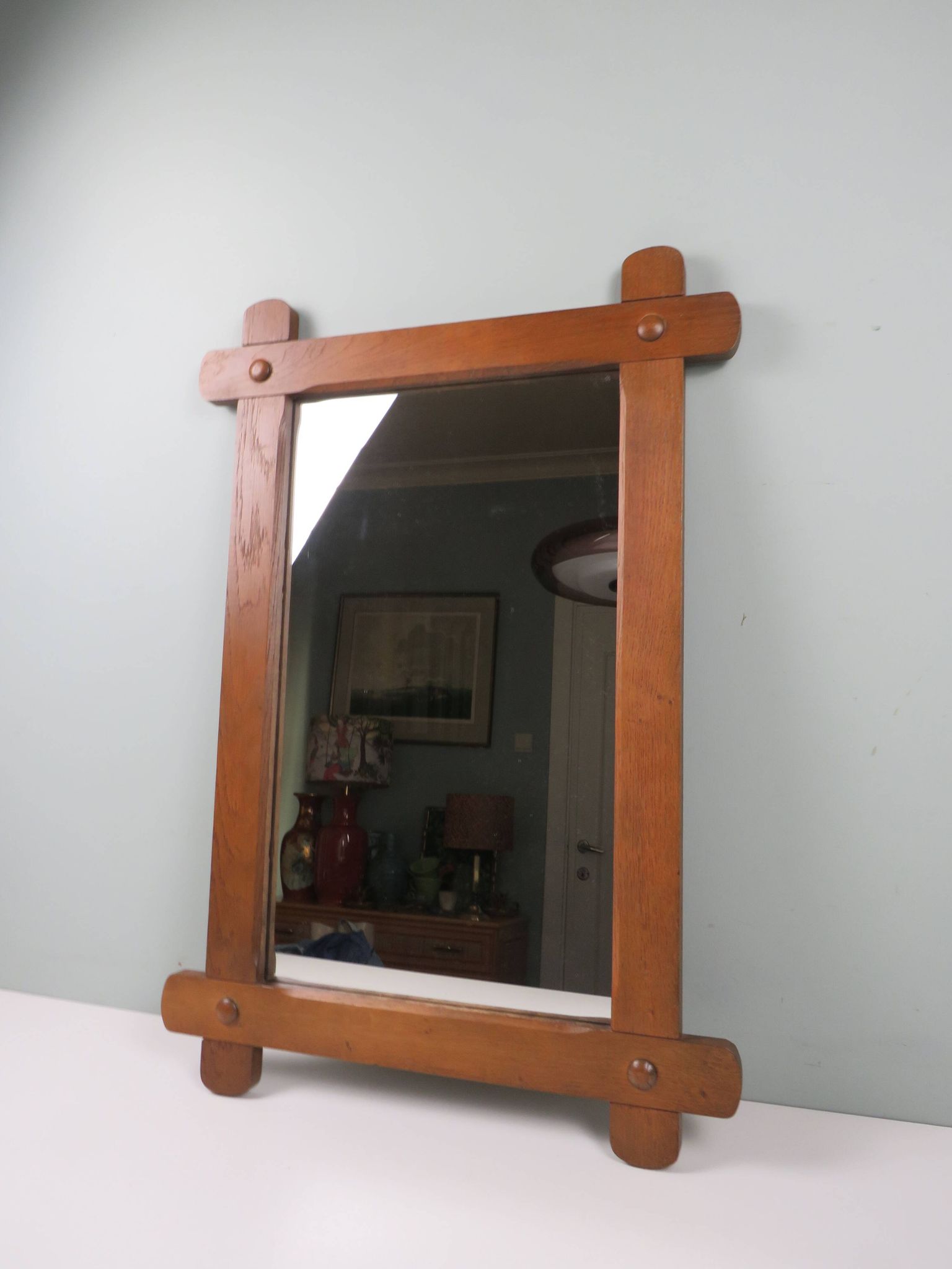 Large 1960s hand-carved oak brutalist mirror
