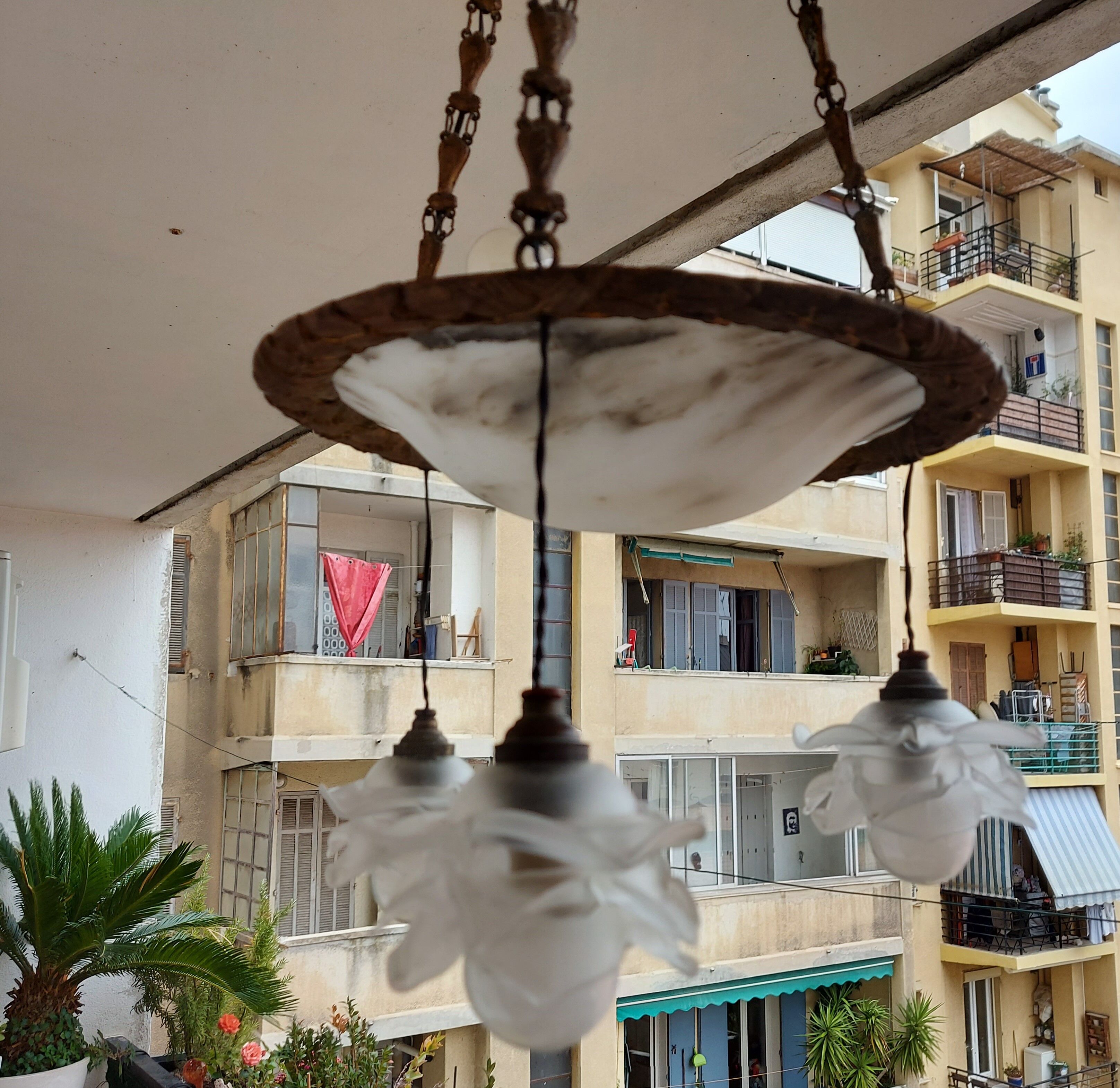 art nouveau chandelier, alabaster shells, molded glass and bronze