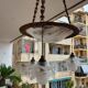 art nouveau chandelier, alabaster shells, molded glass and bronze