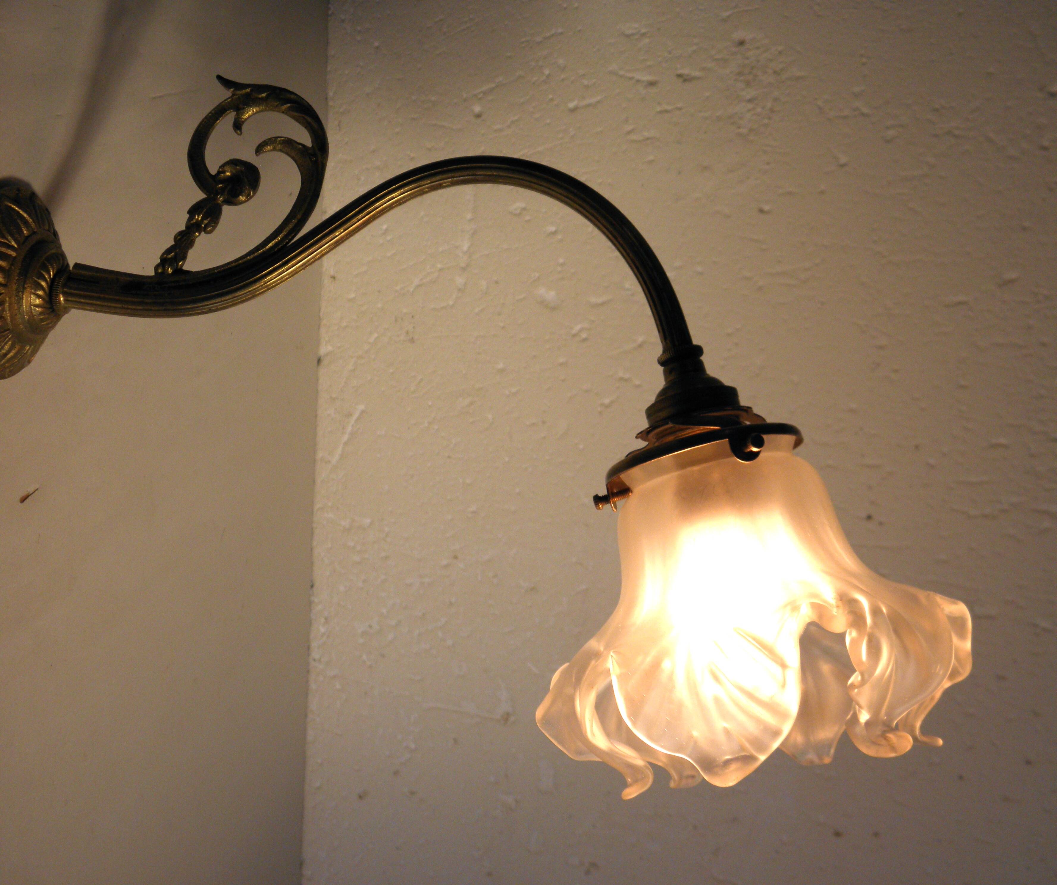 Brass and glass swan neck wall light