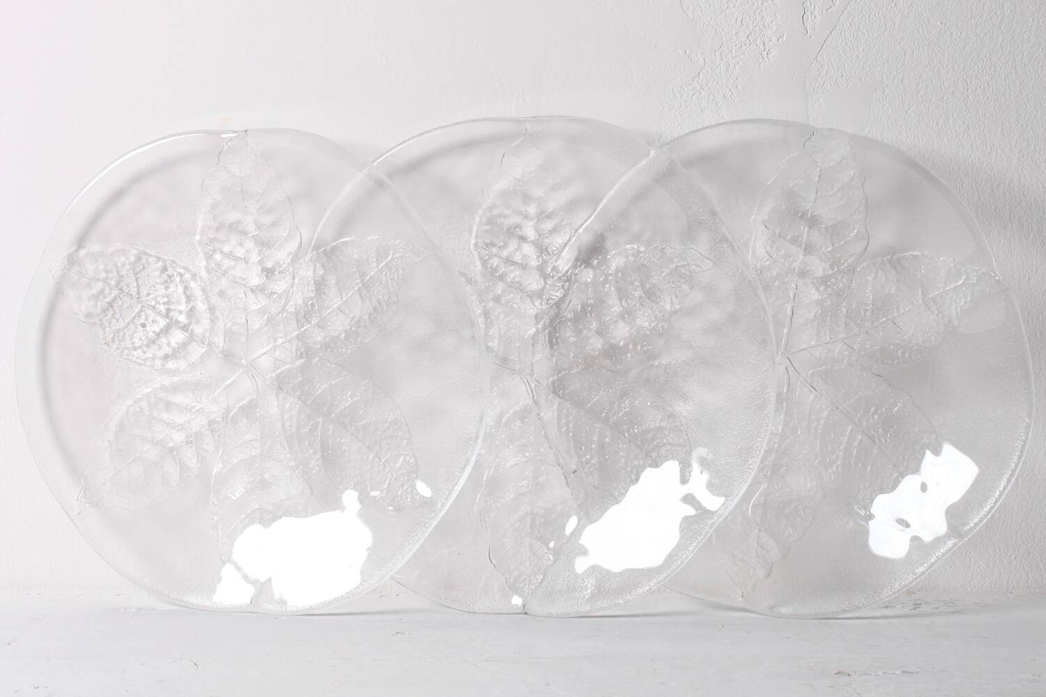 Set of 3 Vintage Kosta Boda Glass Plates / Scandinavian Leaf Design / 1975