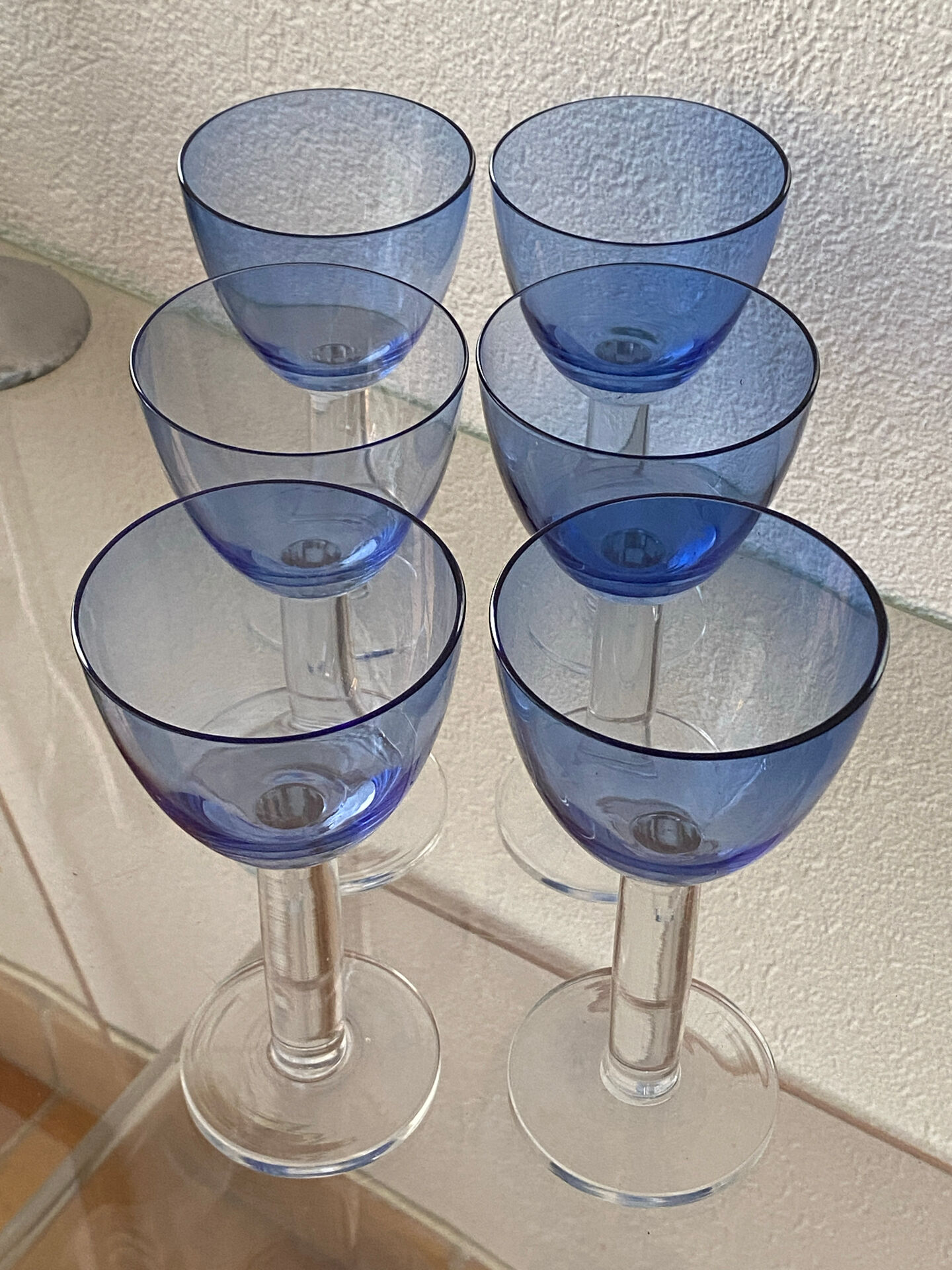 Six two-coloured wine or cocktail glasses.