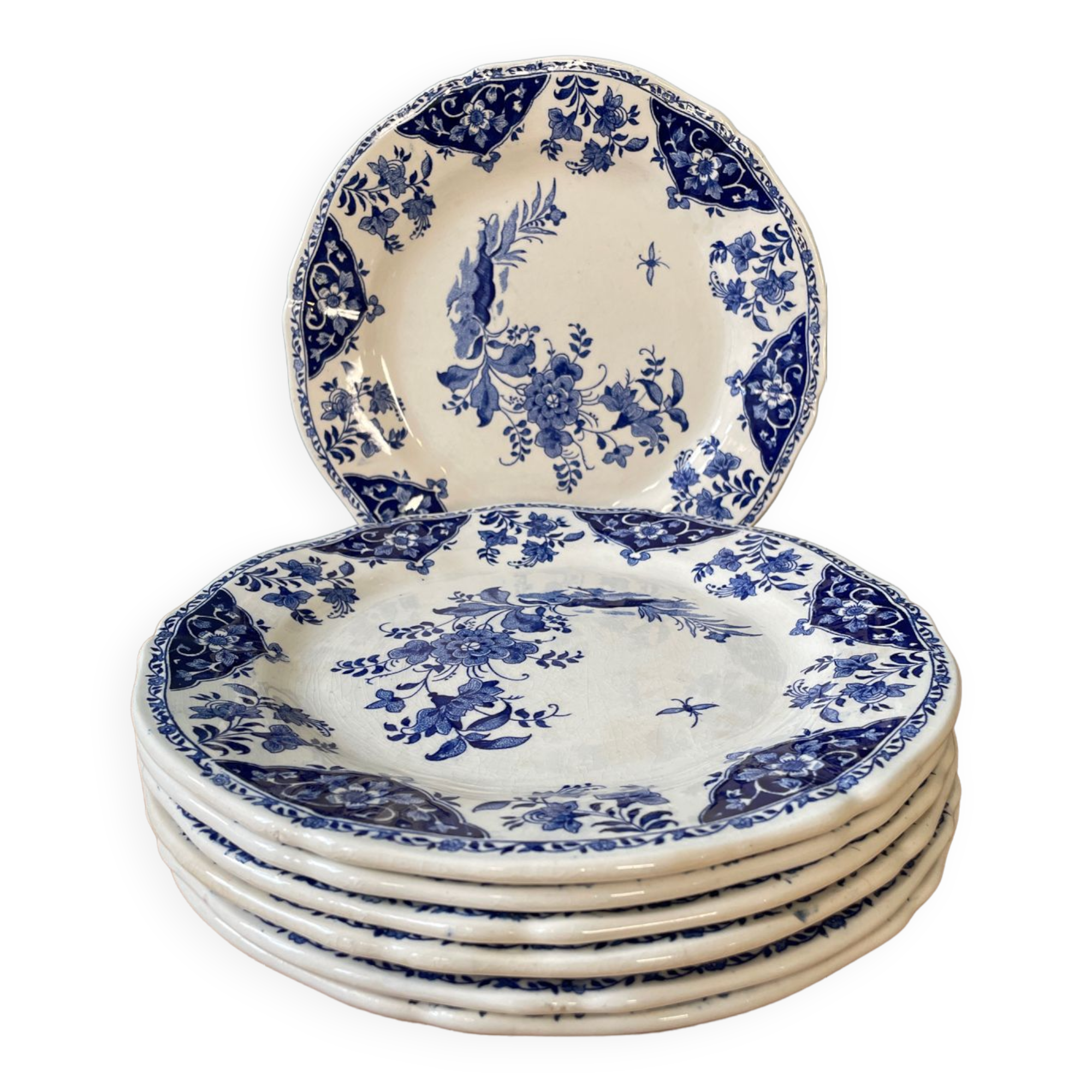 Set of 7 flat plates in Gien earthenware, Delft décor