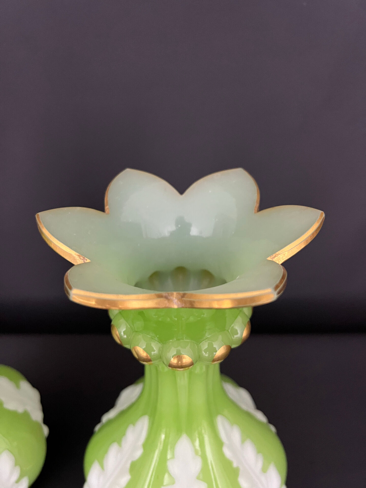 Pair of green and white opaline vases, attributed to Baccarat, period