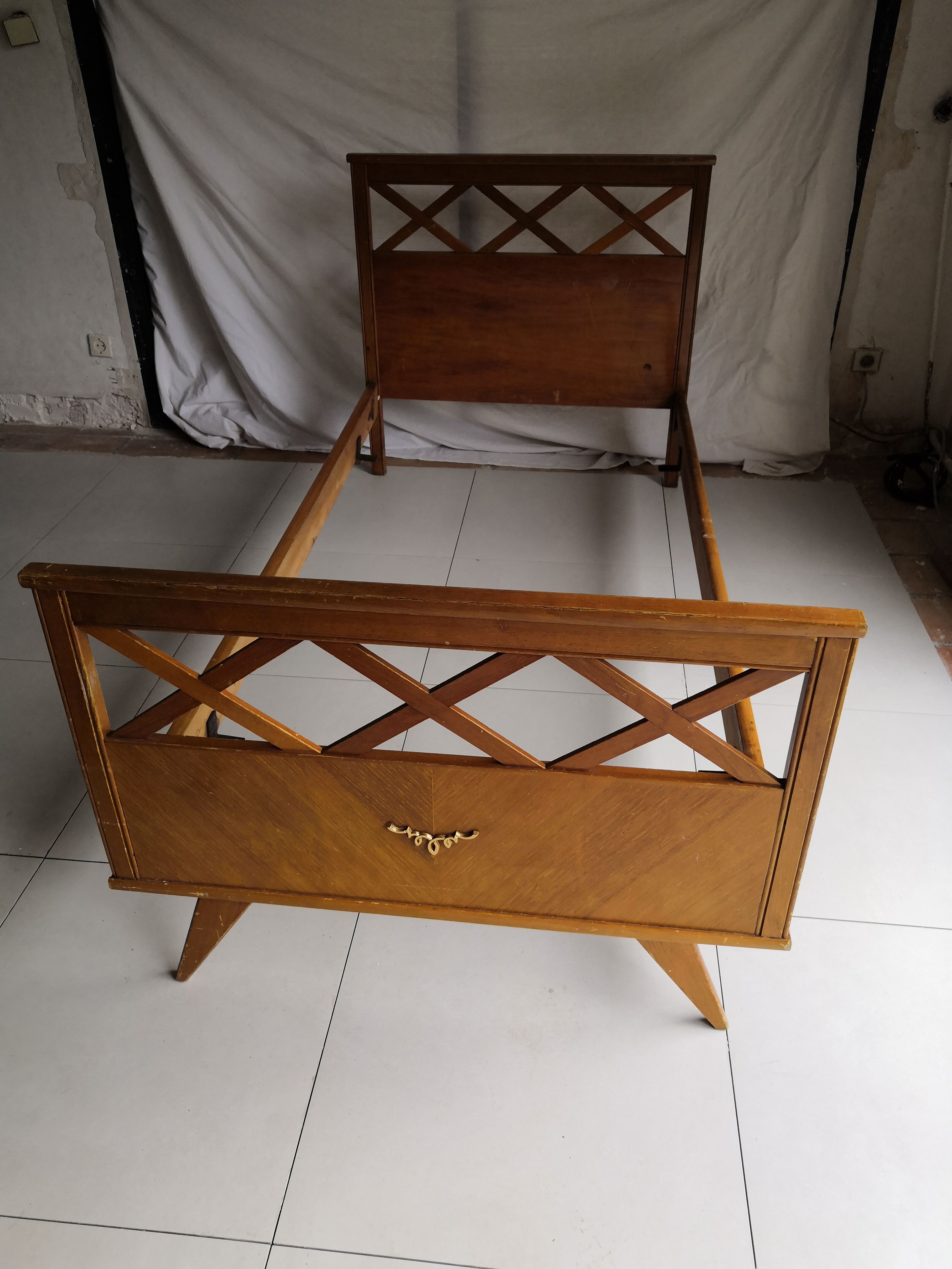 Vintage Scandinavian bed with crosspieces 50s