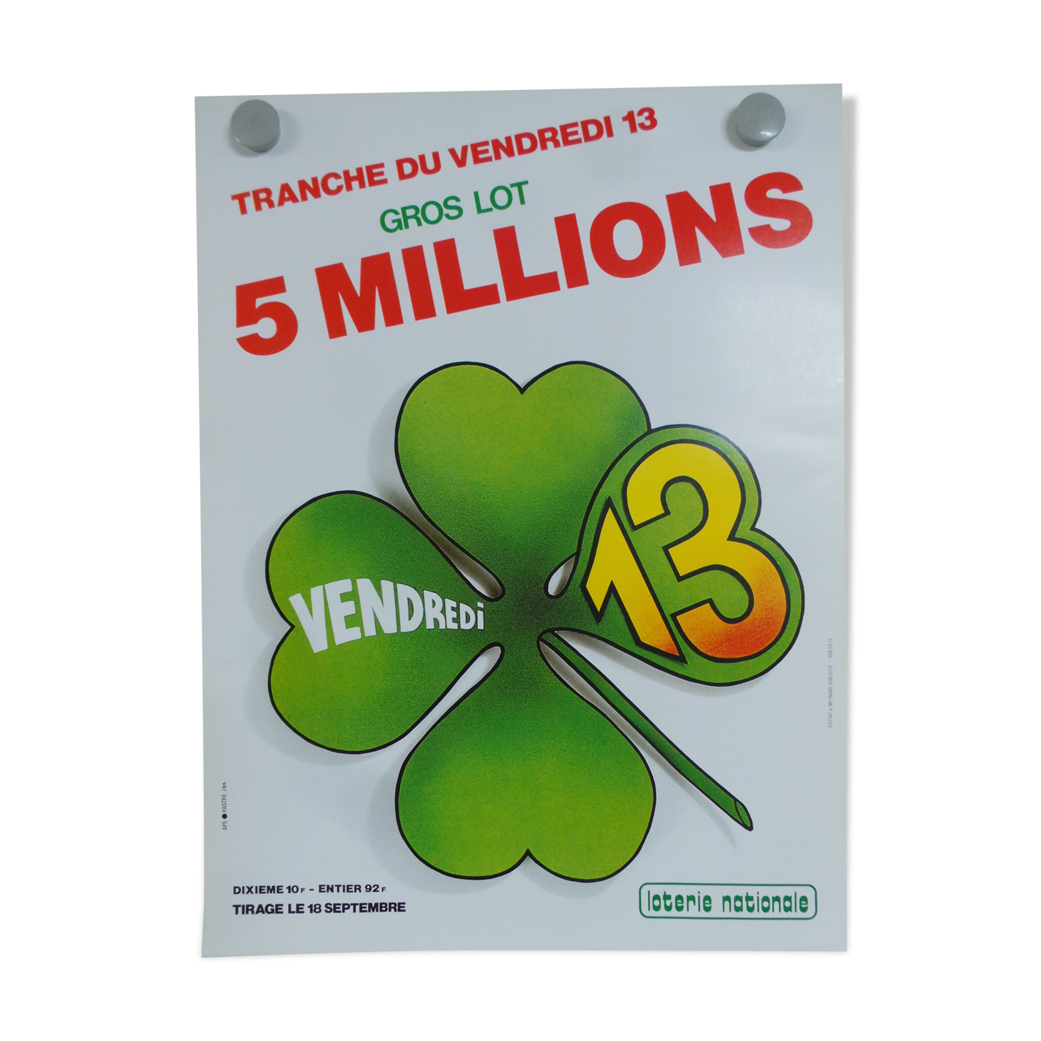 Original National Lottery poster Friday 13 trefle has 4 sheets 1985
