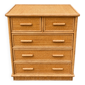 Vintage woven rattan commode with five drawers – bohemian style