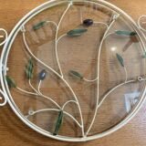 Round wrought iron and glass tray decorated with olives and foliage