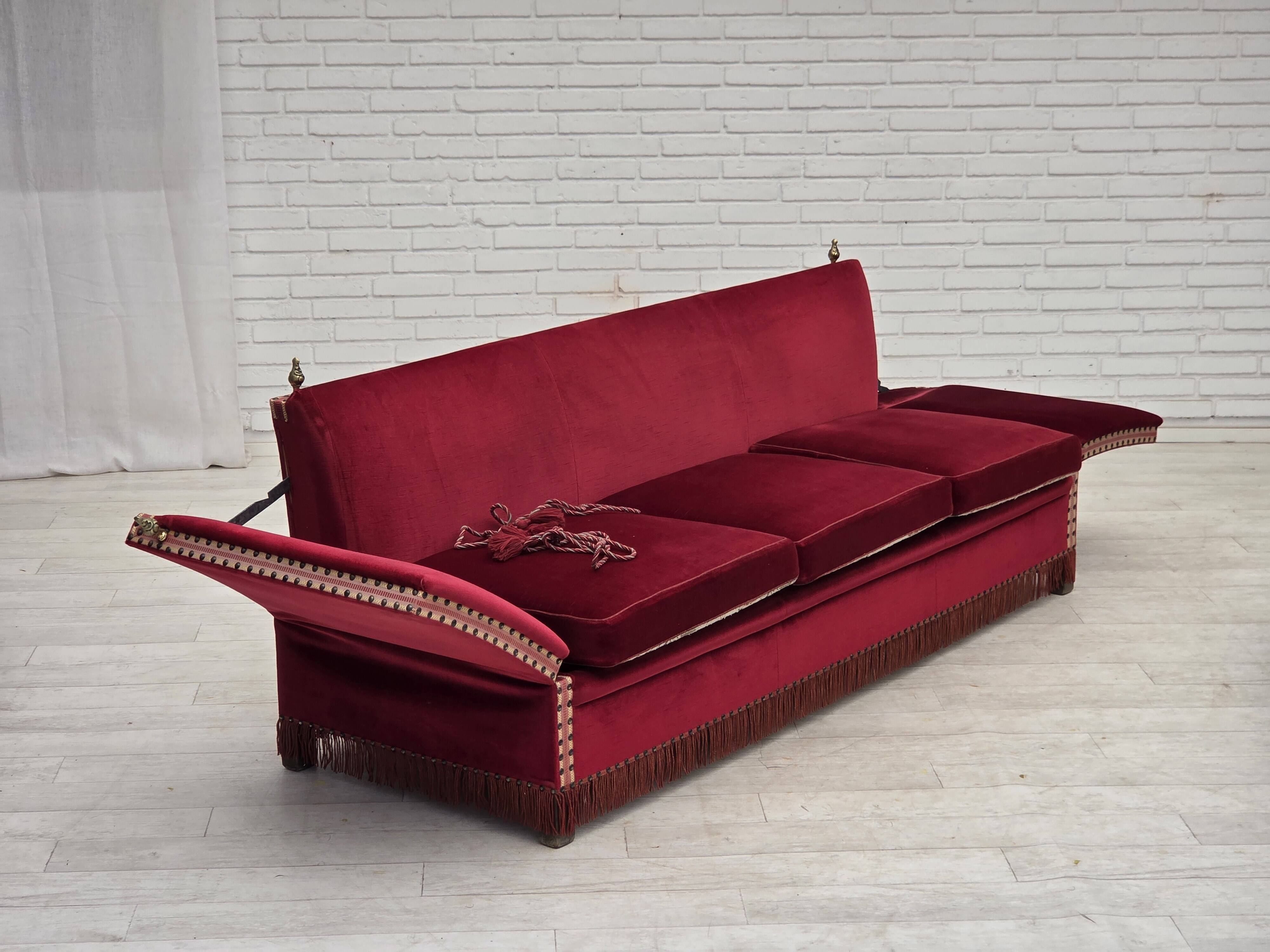 1970s, Danish 3-seater drop arm "Spanish" sofa, red furniture velour.