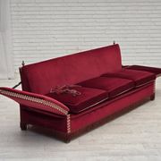 1970s, Danish 3-seater drop arm "Spanish" sofa, red furniture velour.