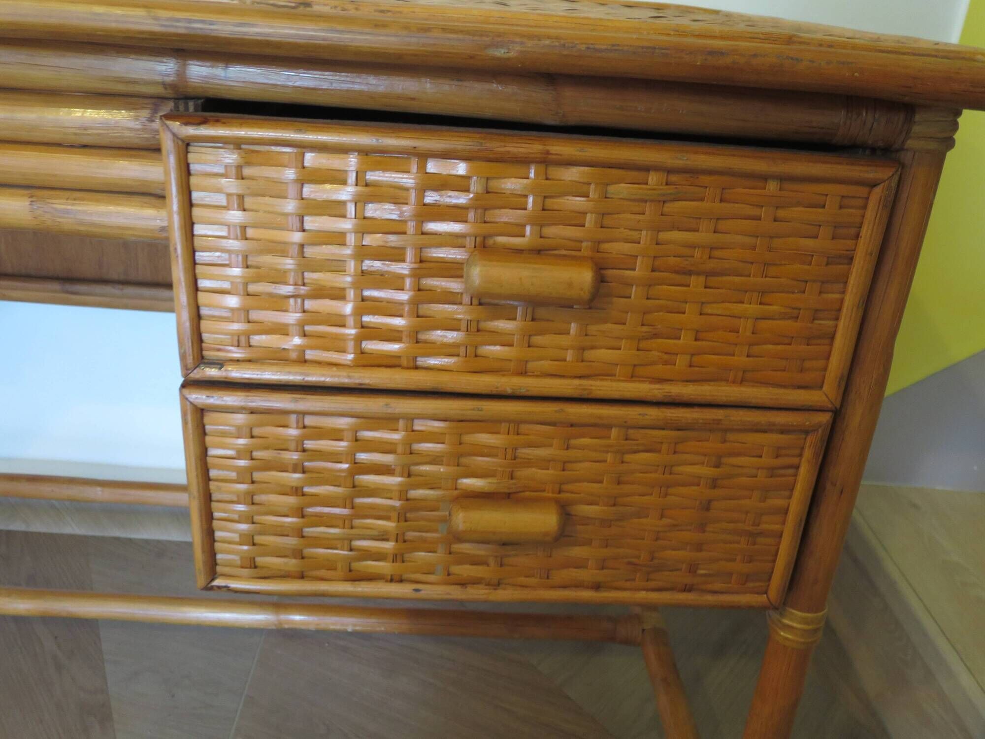 desk - wood-bamboo and woven wicker rattan - 2 drawers - large top - 80
