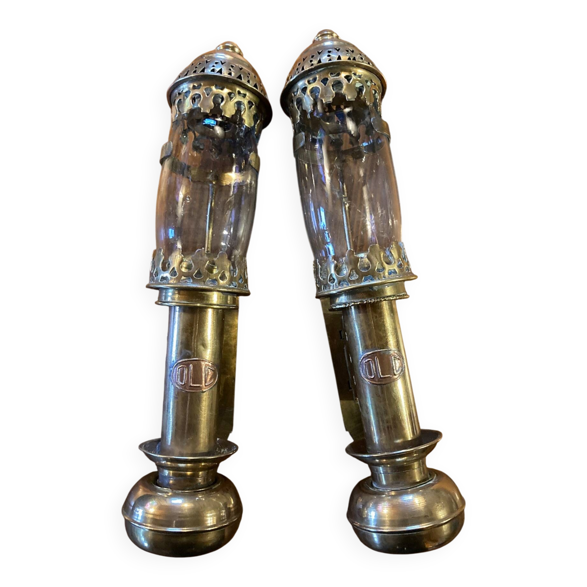 Pair of brass railway wall sconces, DLC Wagon Lit lamps