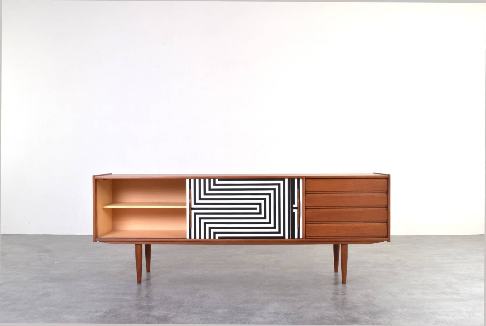 Mid-Century Op-Art Hand-Painted Danish Teak Sideboard, 1960s