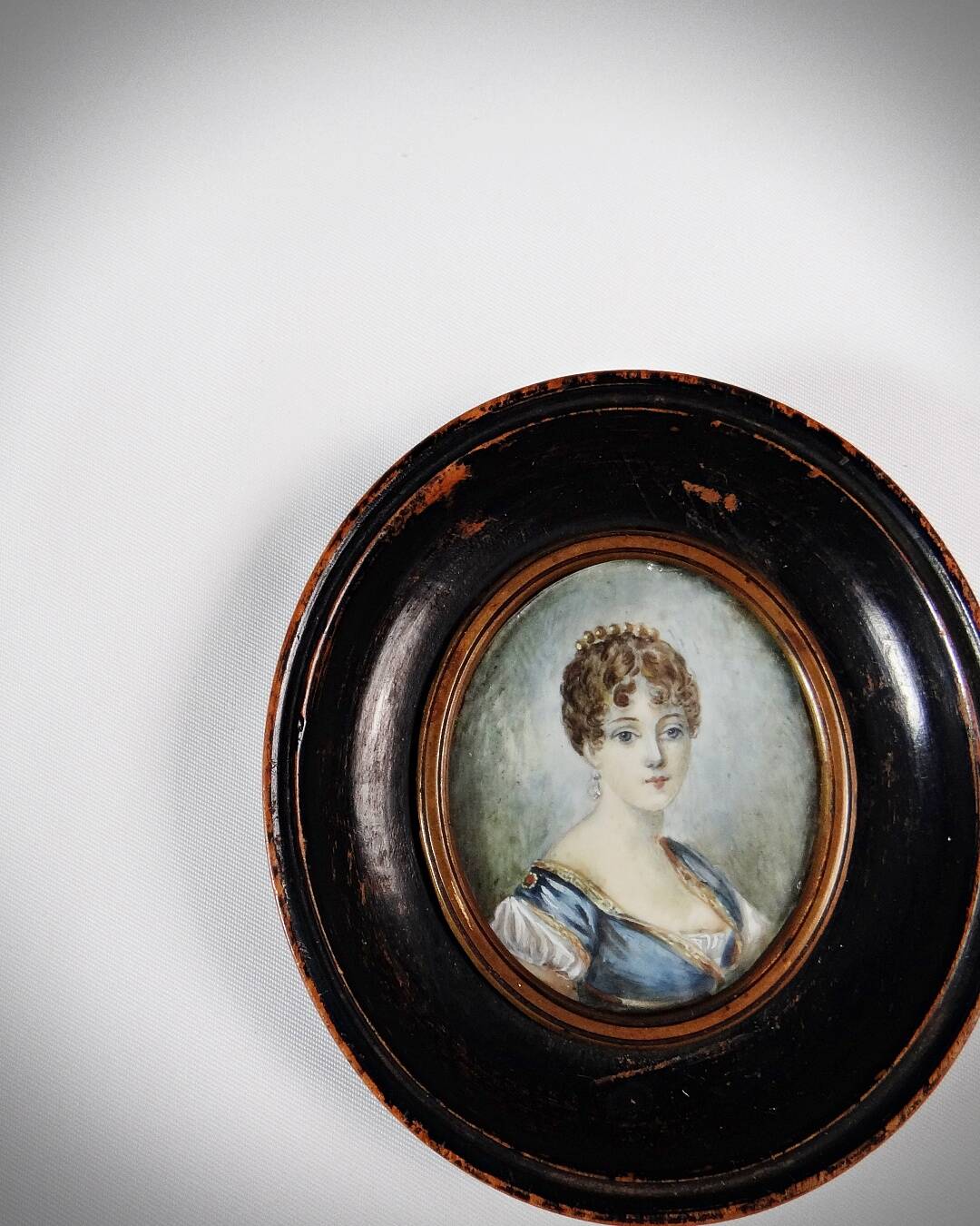 Tondo miniature portrait of a woman Empire style hand-painted gouache