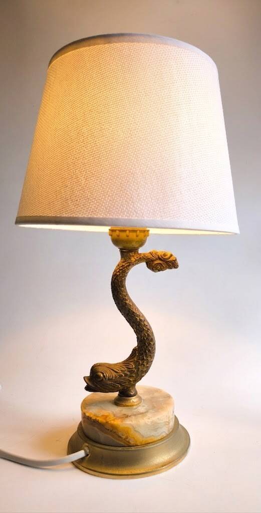 Patinated bronze lamp and marble in Hollywood Regency Style