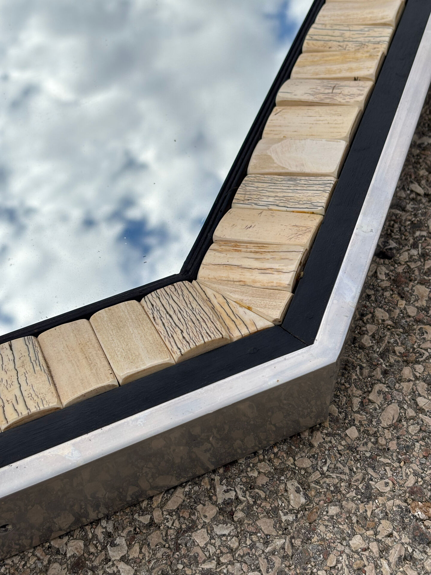 Blackened wood, metal and bone mirror by Anthony Redmile – London, 1970
