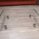 Design coffee table from Habitat in transparent plexiglass, mounted on wheels.