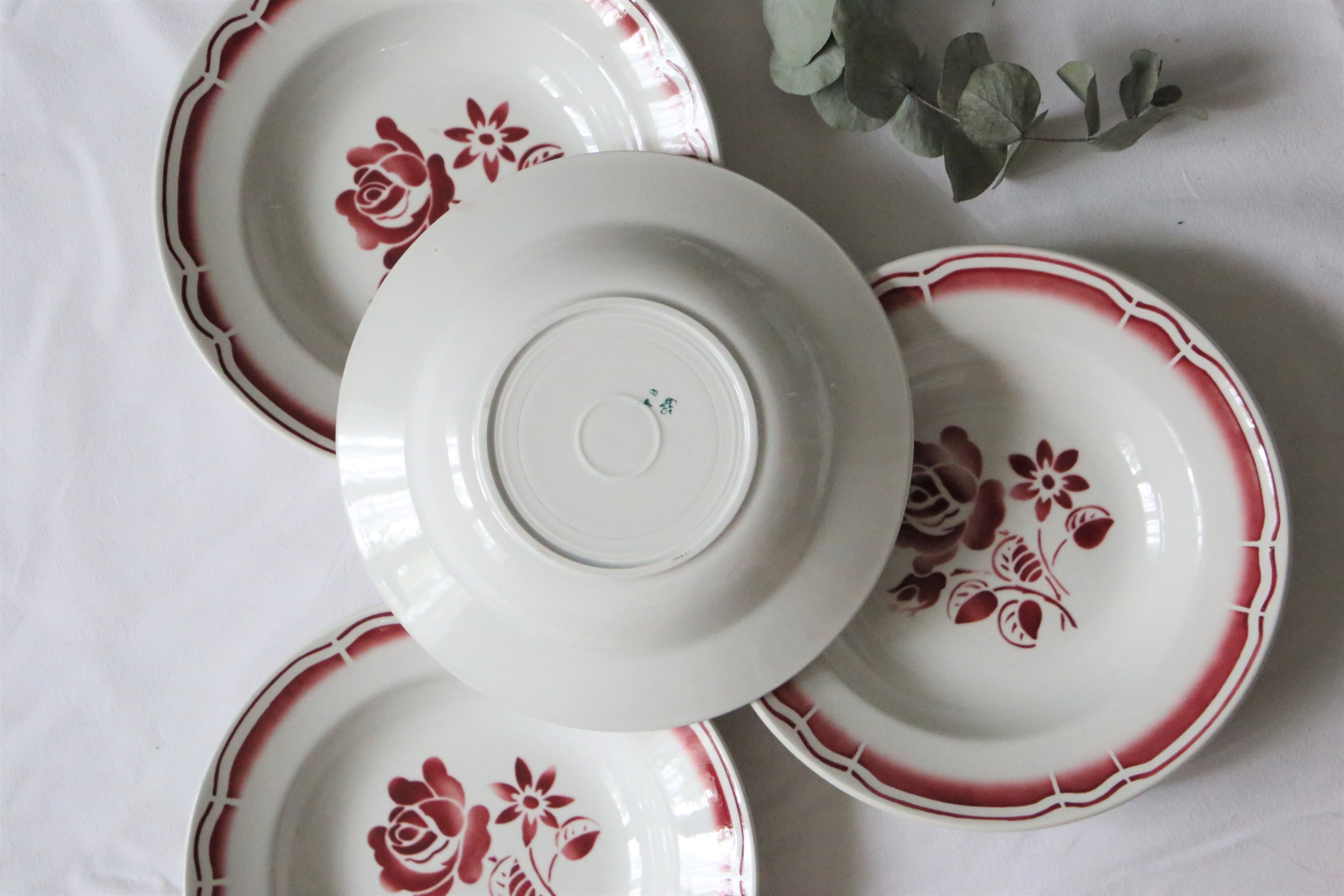 Set of 4 hollow plates Badonviller, red, vintage French, authentic, rare, countryside