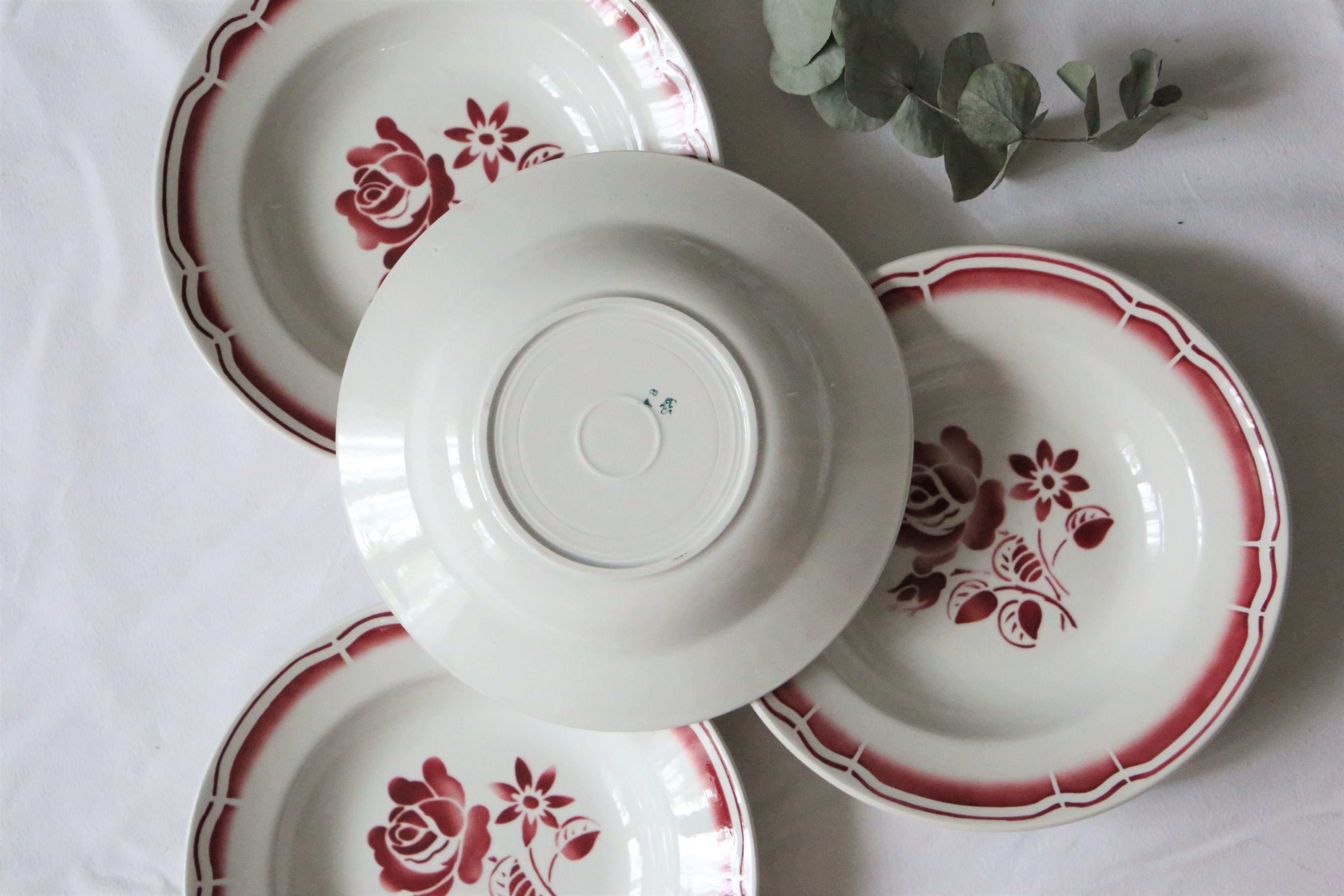 countryside authentic vintage French red Set of 4 hollow plates Badonviller rare