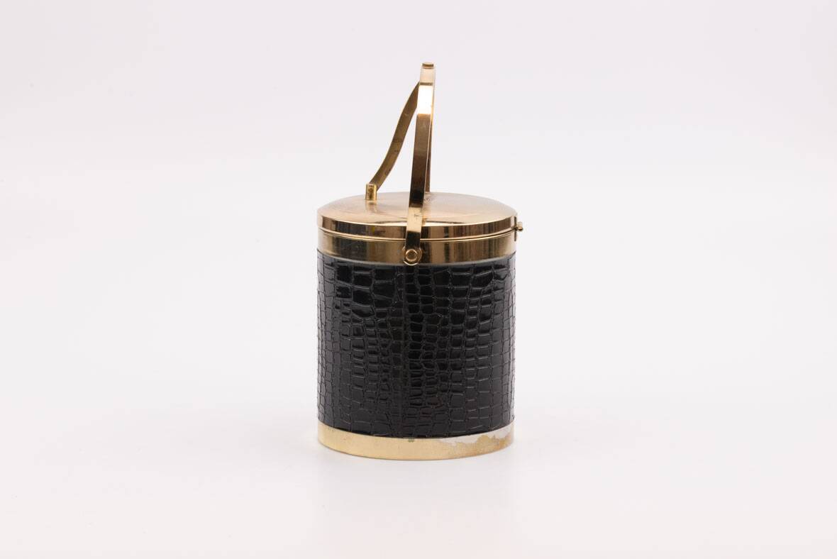 Vintage 1970s ice bucket - Black crocodile effect faux leather