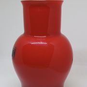 Red Murano glass vase in white shirt ( incamiciato ) , Made in Italy Moretti