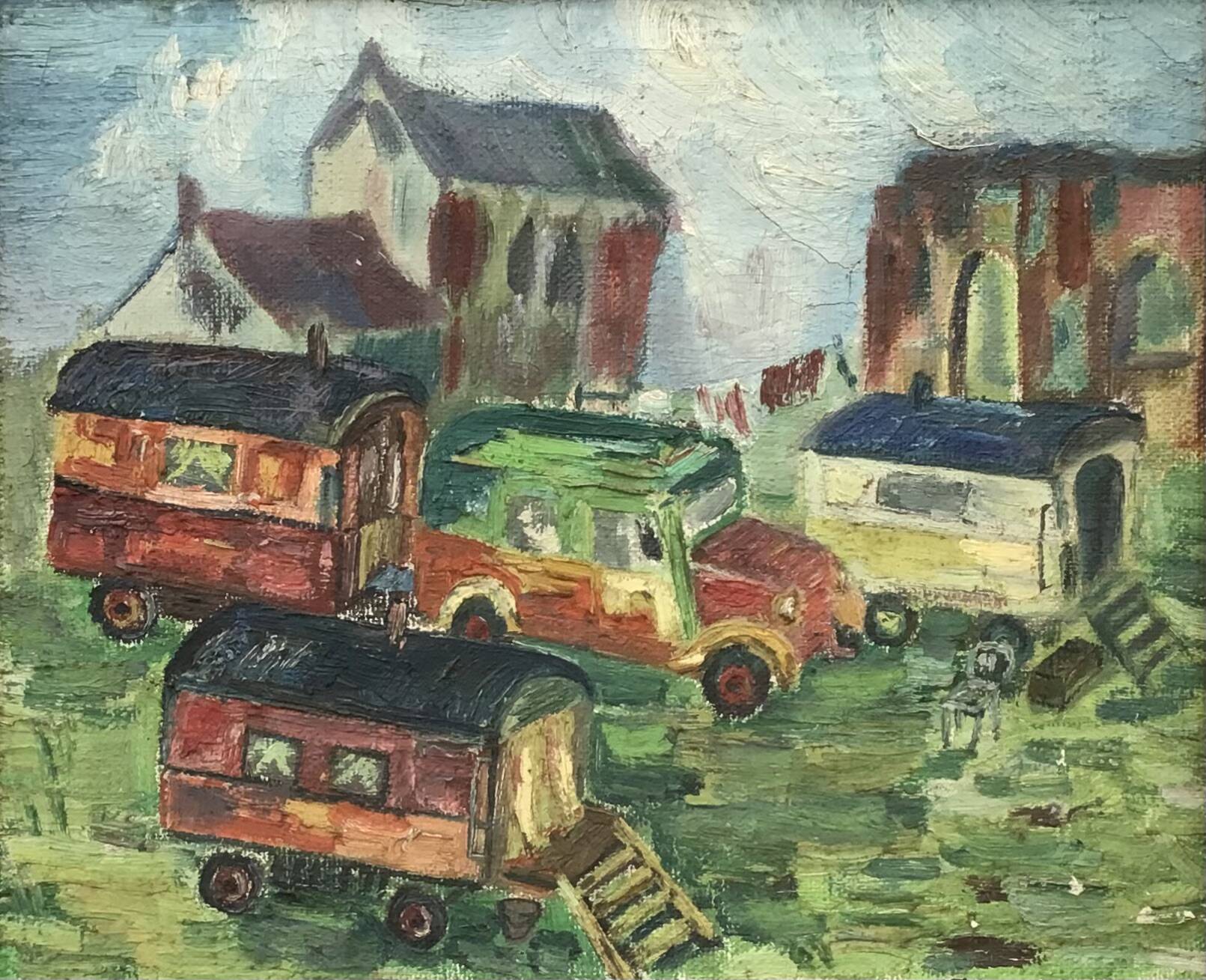 Oil on canvas representing a gypsy or fairground camp