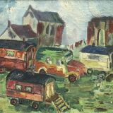 Oil on canvas representing a gypsy or fairground camp