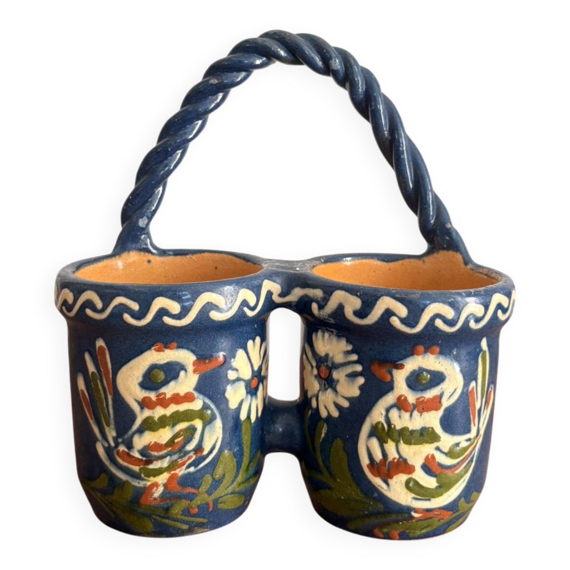 Double Pot Pottery Ceramic Terracotta Blue Bird Alsace Twisted Handle