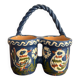 Double Pot Pottery Ceramic Terracotta Blue Bird Alsace Twisted Handle