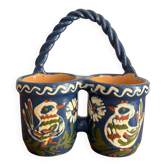 Double Pot Pottery Ceramic Terracotta Blue Bird Alsace Twisted Handle