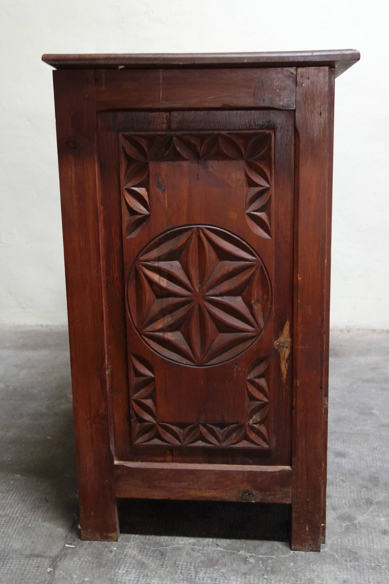 Carved pine sideboard, mountain folk art, 1950s