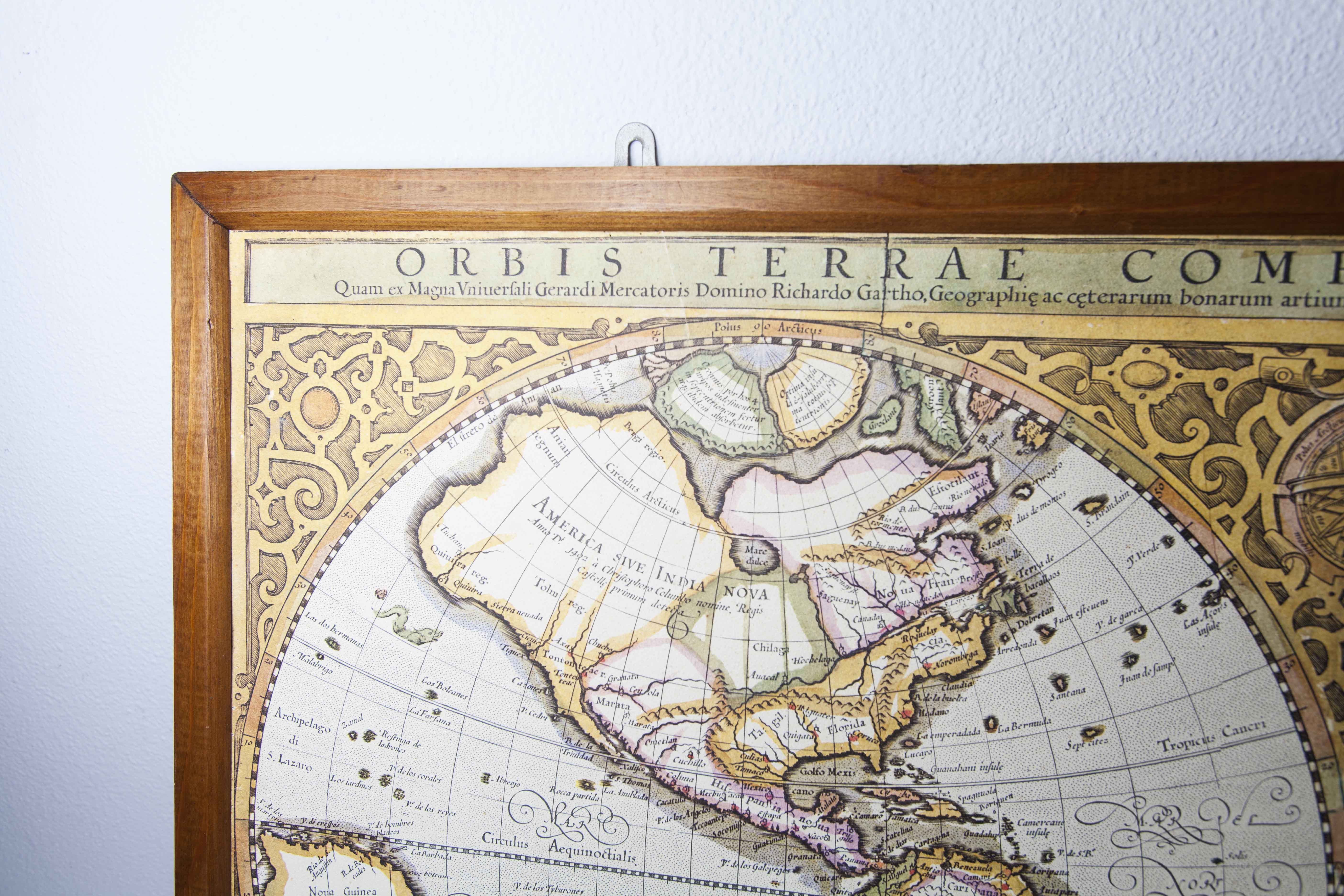 Frame and map "Orbis terrae compendiosa descriptio", Reproduction of an engraving Gérard Mercator