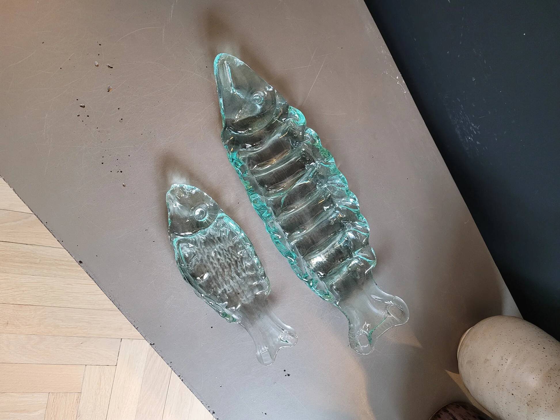 Pair of pressed glass sushi dishes