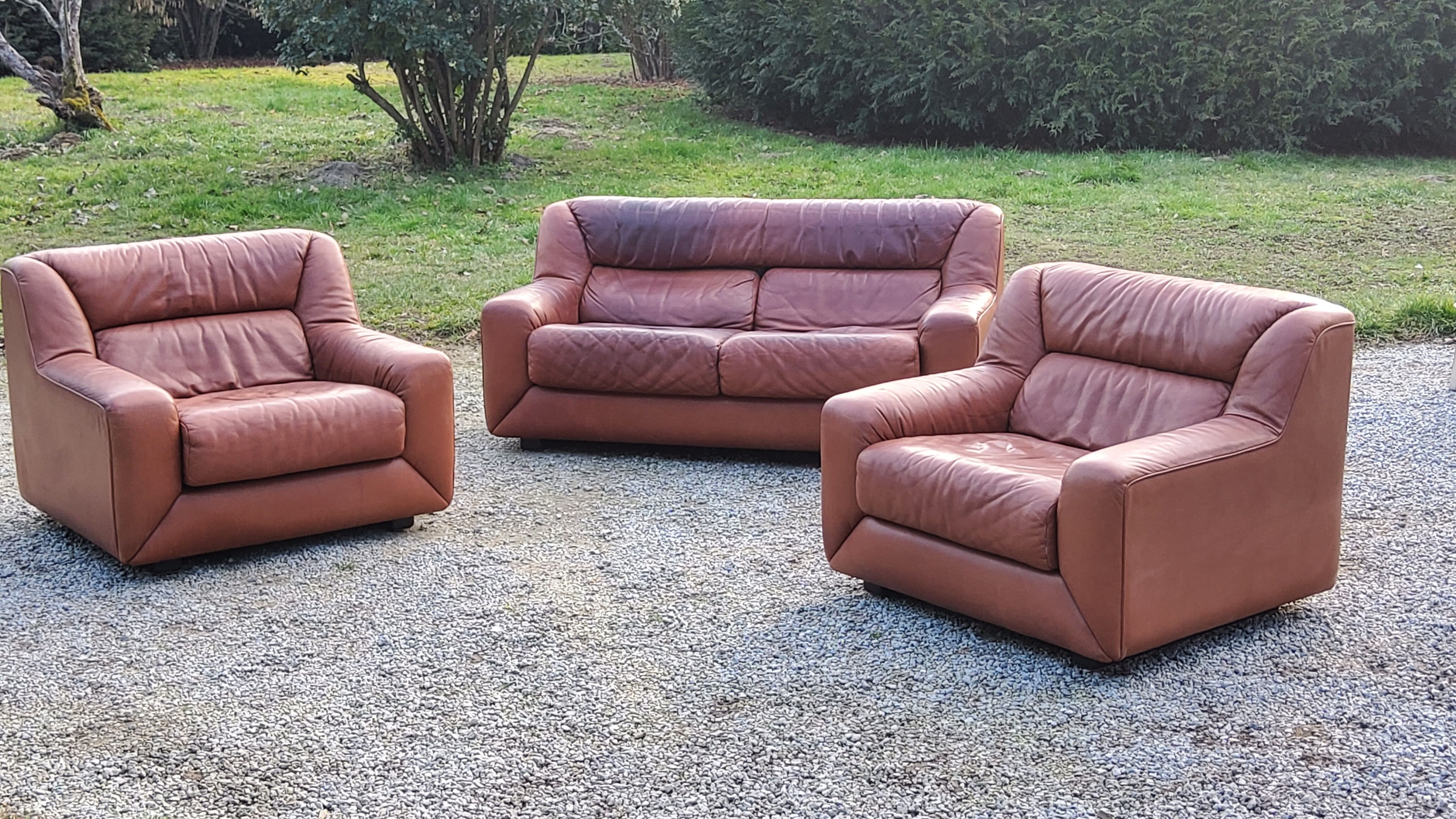 Pair of armchairs and De Sede sofa in cognac leather from the 70s/80s