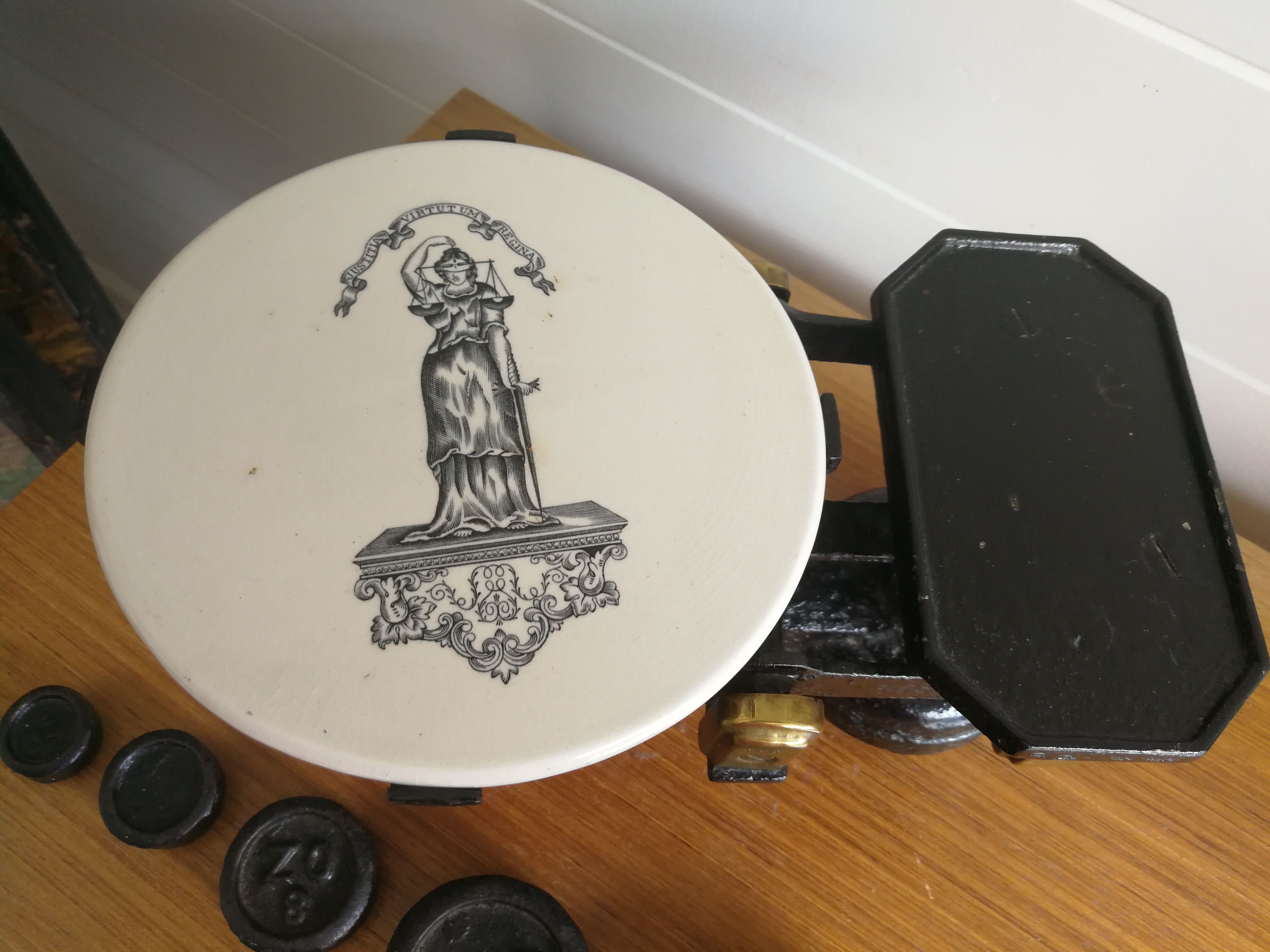 Antique Cast Iron Kitchen Scales With Ceramic Tray And Weights