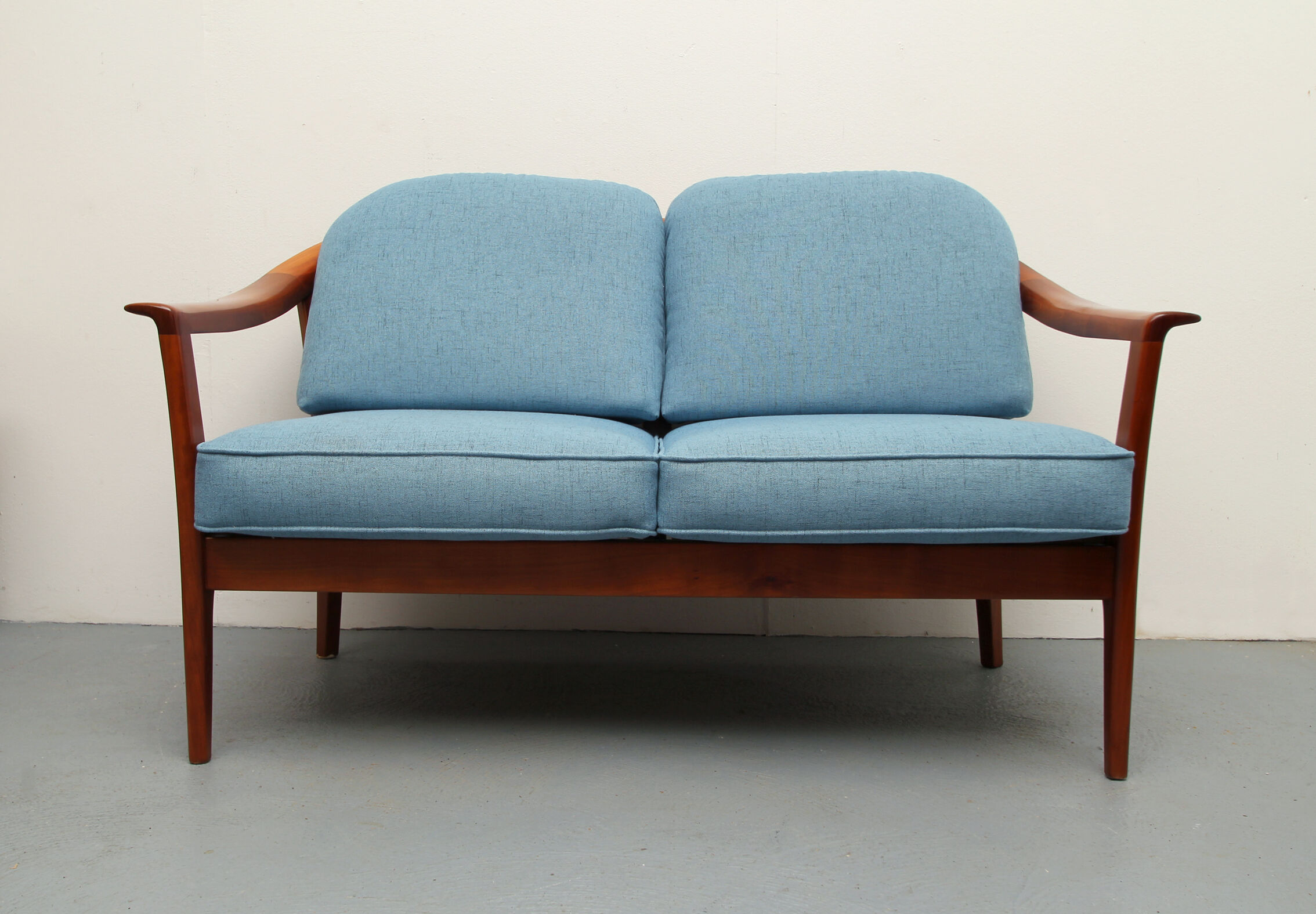 1960s 2-seater sofa in cherrywood middle blue, Wilhelm Knoll