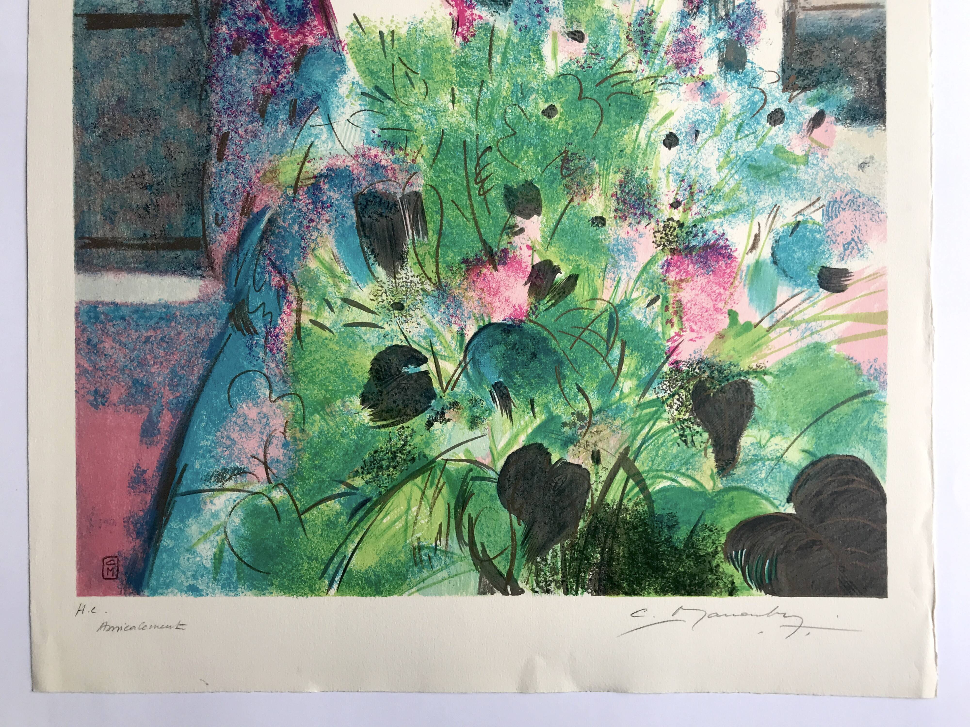 Claude manoukian woman with a bouquet, 1980. lithograph signed in pencil