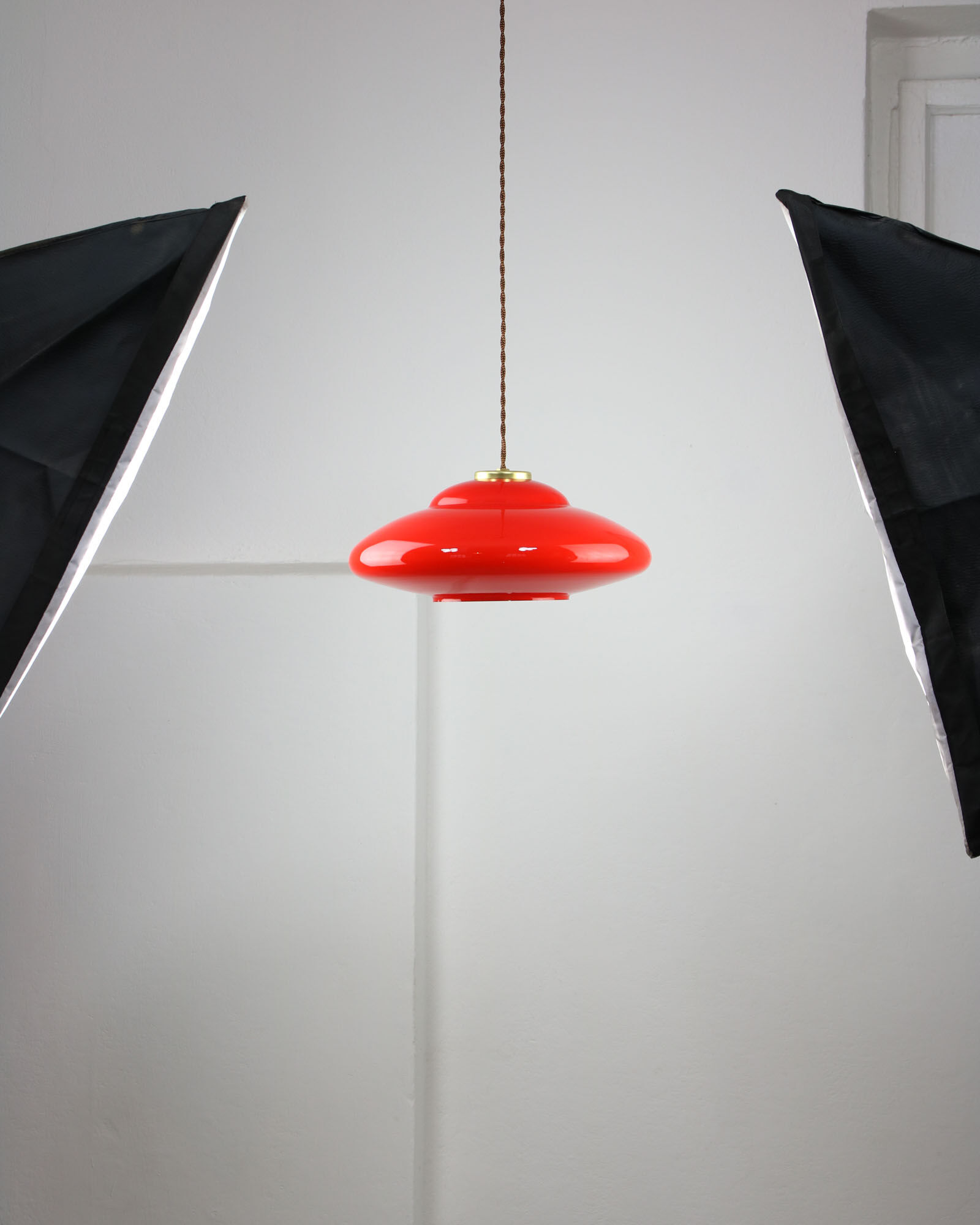 Mid-century red Glass & Brass Saucer Lamp