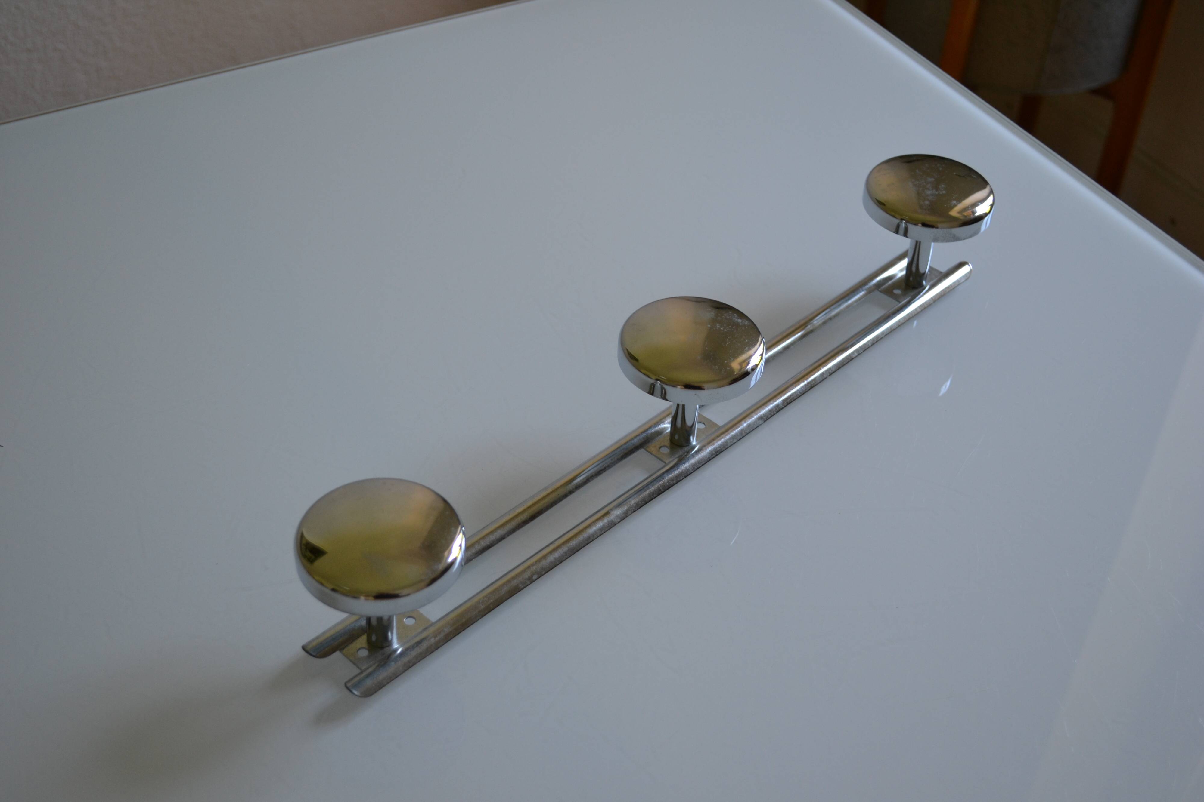 Wall coat rack with 3 chrome metal hooks, vintage 80s.
