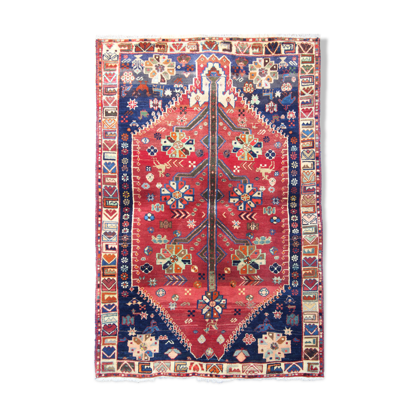 Tapis tribal persan traditionnel fait à la main Tapis de salon en laine rouge bleue - 111x165cm