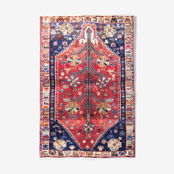Tapis tribal persan traditionnel fait à la main Tapis de salon en laine rouge bleue - 111x165cm